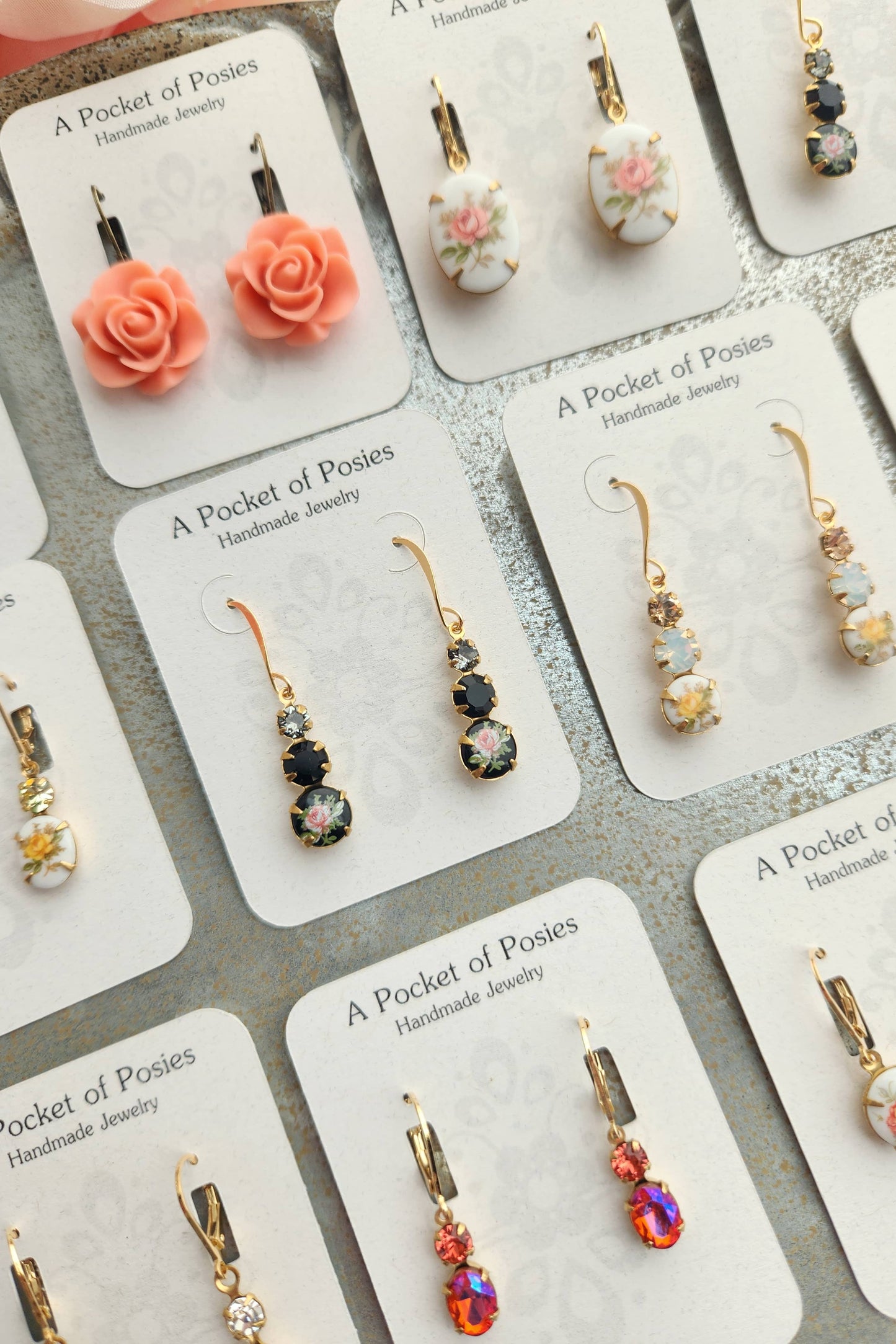 Vintage Glass Earrings - Three Jewel Black w/ Pink Rose