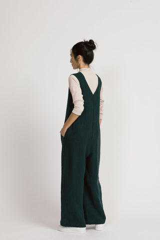 Agatha Jumpsuit by Allison Wonderland, Lagoon, back view, round neck in front, V-neck in back, oversized, wide legs, 100% linen, eco-fabric, sizes 2-12,  made in Vancouver
