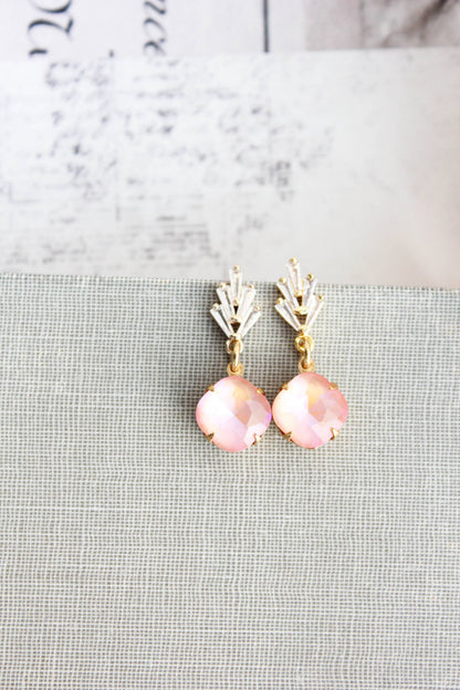 Art Deco Glass Leaf Post Earrings | Pastel Pink Glass Jewel