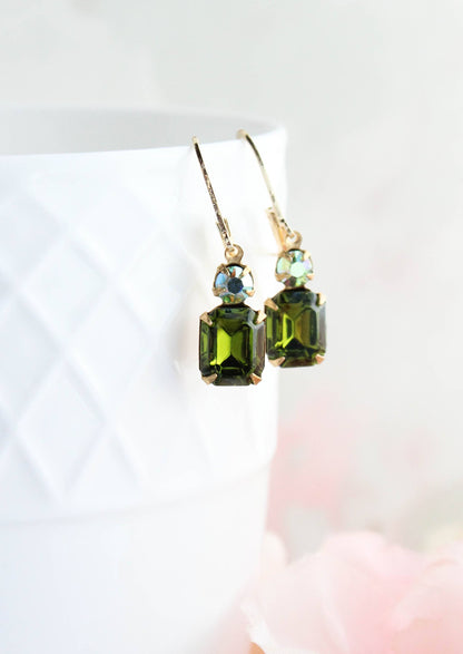 Small Drop Earrings | Olivine Green Glass and Gold Drops