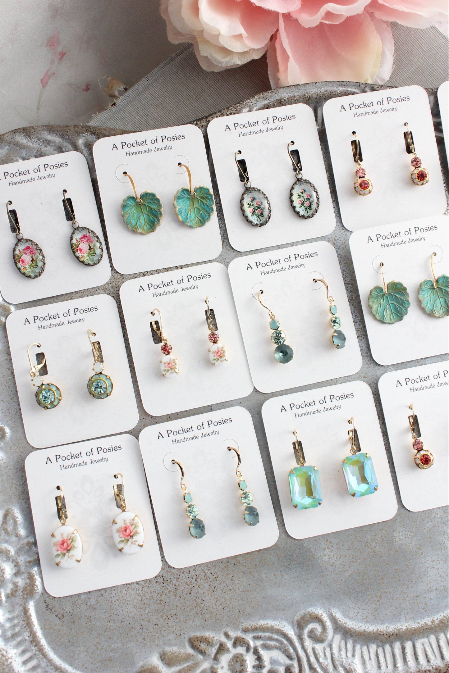 Vintage Glass Earrings - Three Jewel Peacock Green and Blue