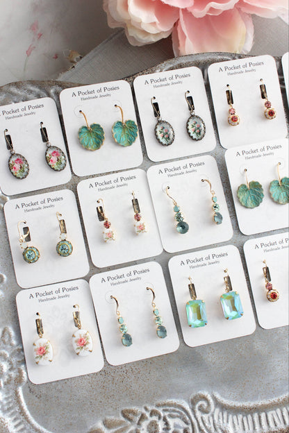 Vintage Glass Earrings - Three Jewel Peacock Green and Blue