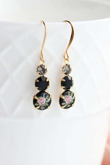 Vintage Glass Earrings - Three Jewel Black w/ Pink Rose