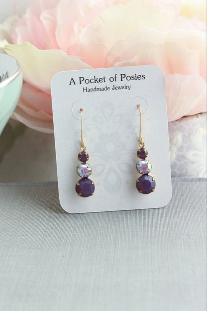 Vintage Glass Earrings - Three Jewel Shades of Purple