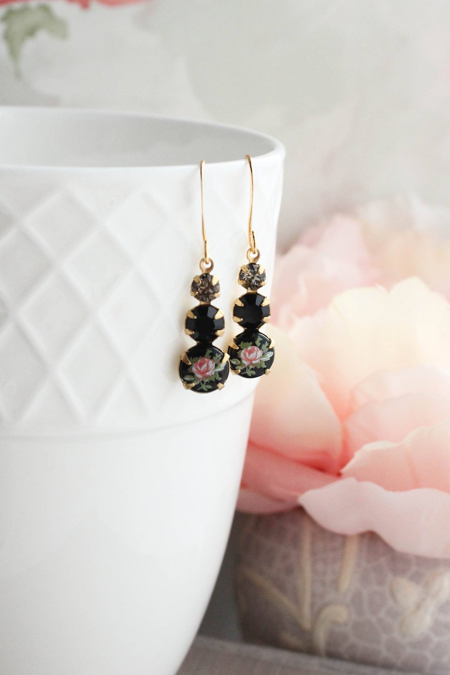 Vintage Glass Earrings - Three Jewel Black w/ Pink Rose