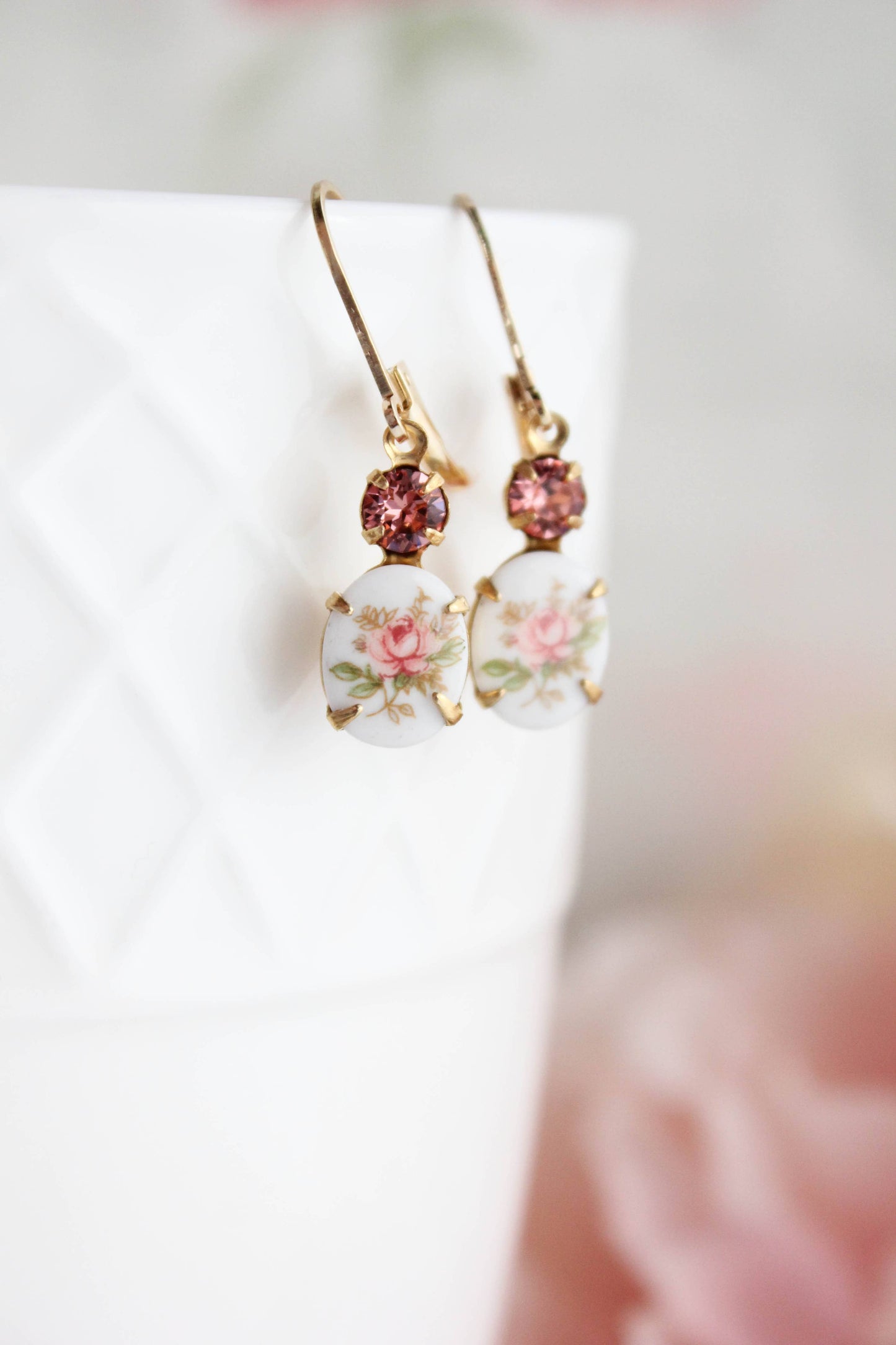 Vintage Style Flower Cameo Earrings | Pink Rose Earrings