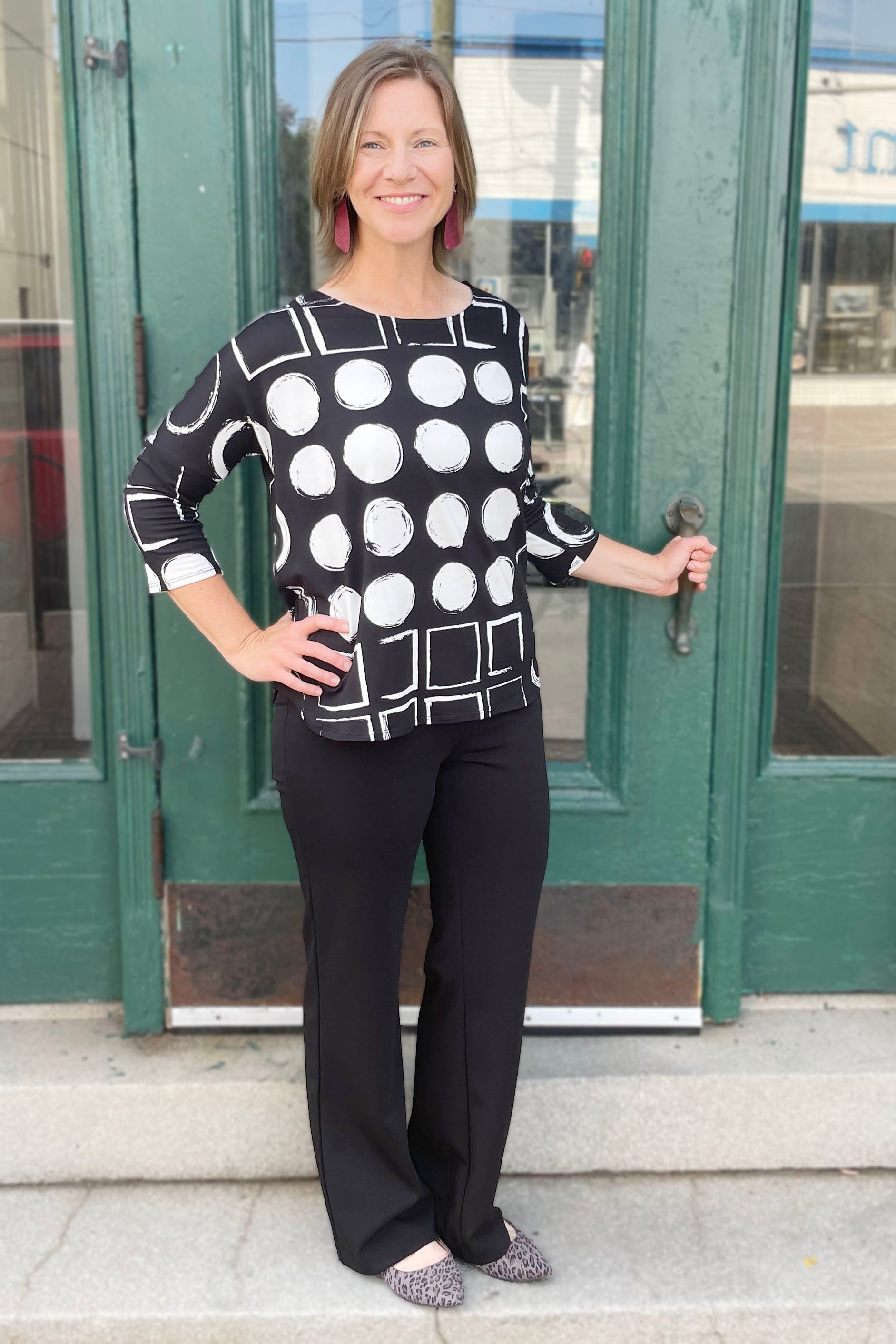 Wisteria Knit Dolman Sleeve Top, B&W Circles, geometric print, dolman sleeves, round neck, sizes XS to XXL, made in Canada