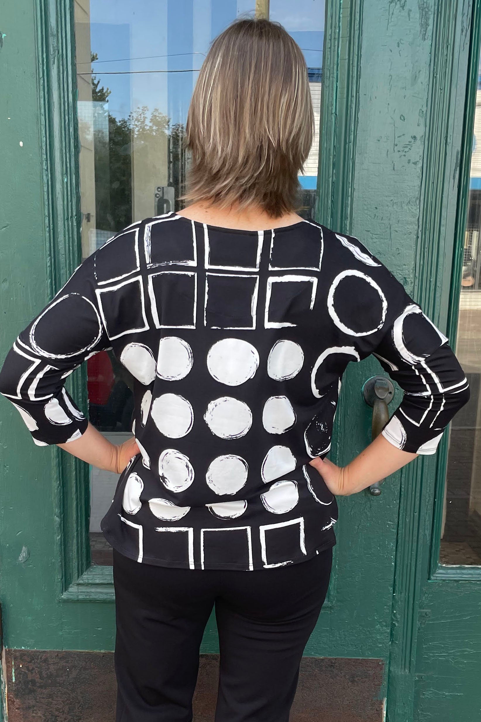 Wisteria Knit Dolman Sleeve Top, B&W Circles, back view, geometric print, dolman sleeves, round neck, sizes XS to XXL, made in Canada