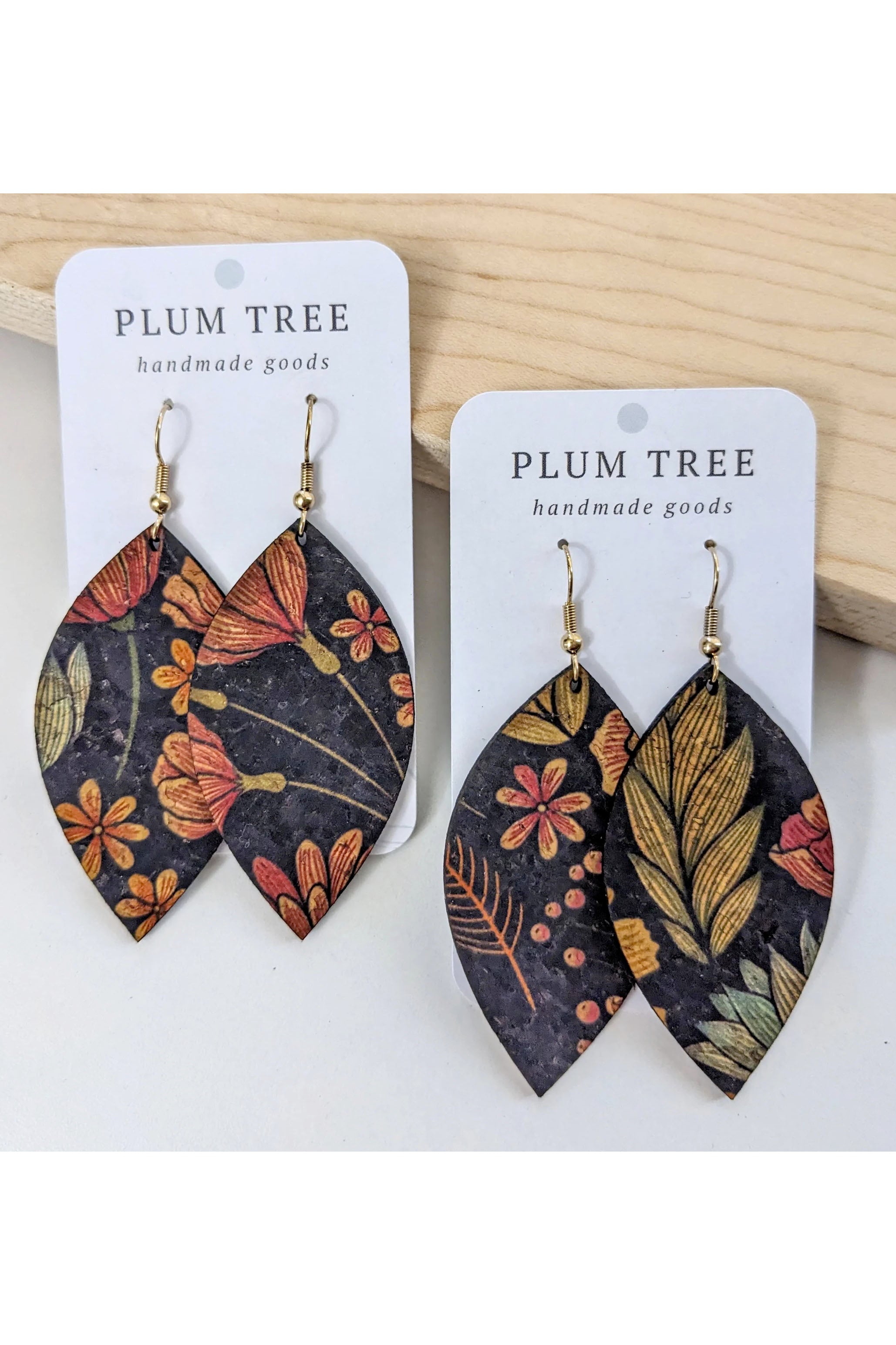 Leaf Shaped Cork Earrings - SEVERAL COLOUR OPTIONS