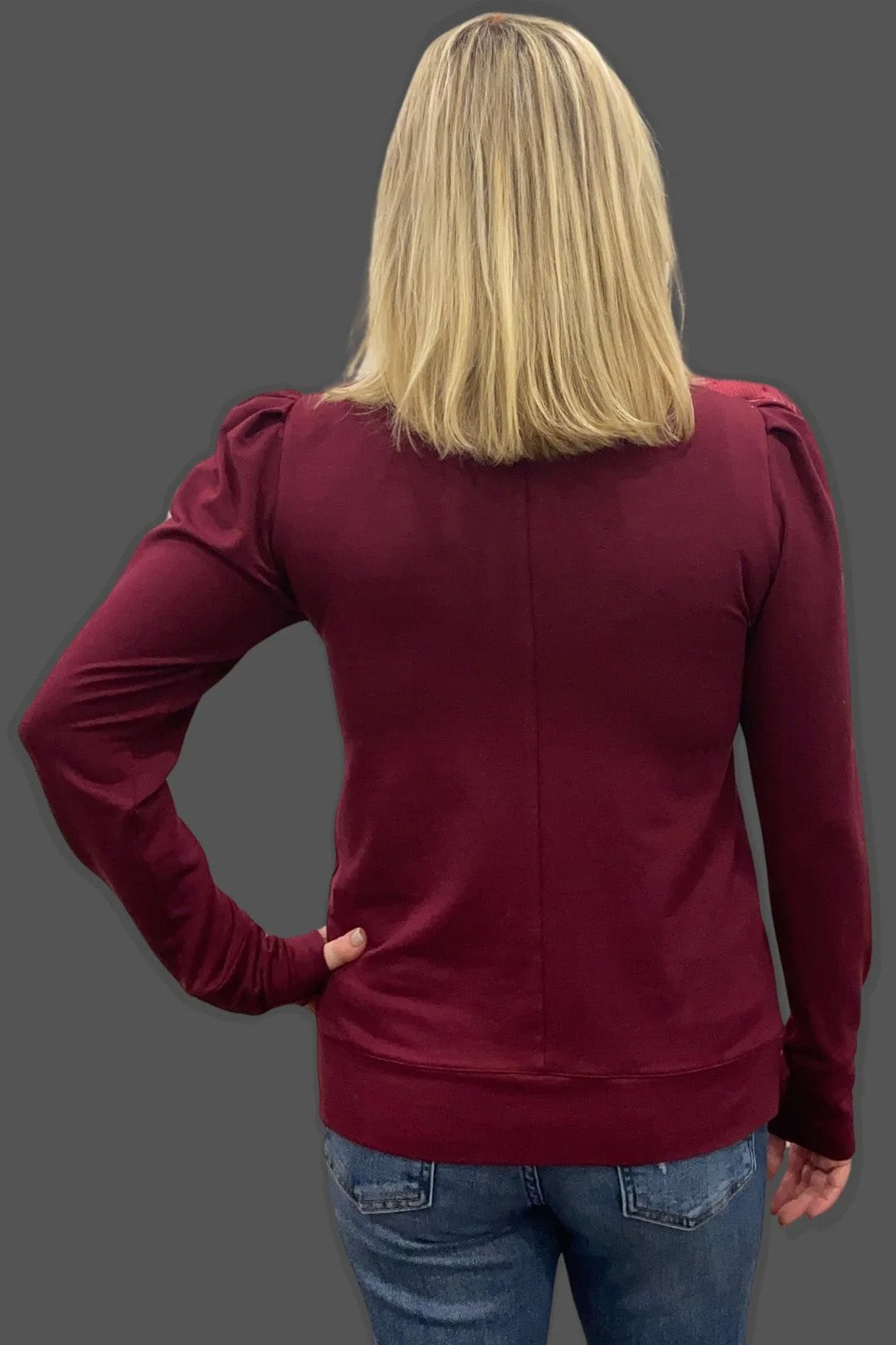 Sassy Sweashirt by Dotty, back view, Burgundy, puffed sleeves, loose fit through torso, centre back seam, extra long sleeves, eco-fabric, bamboo rayon and cotton, sizes XS to 1X, made in Toronto