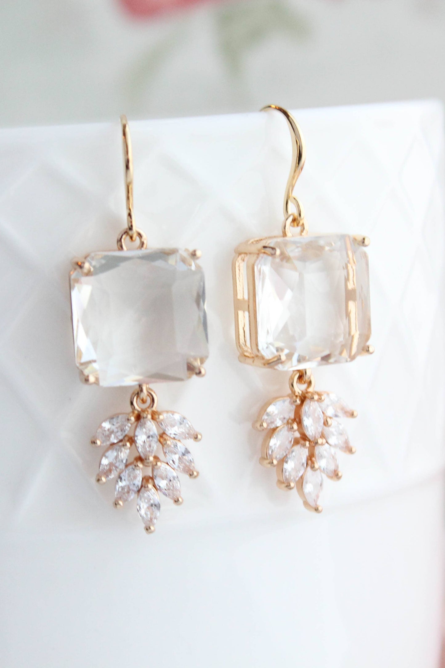 Art Deco Earrings | Square Jewel with Glass Leaf Drop