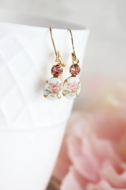 Vintage Style Flower Cameo Earrings | Pink Rose Earrings