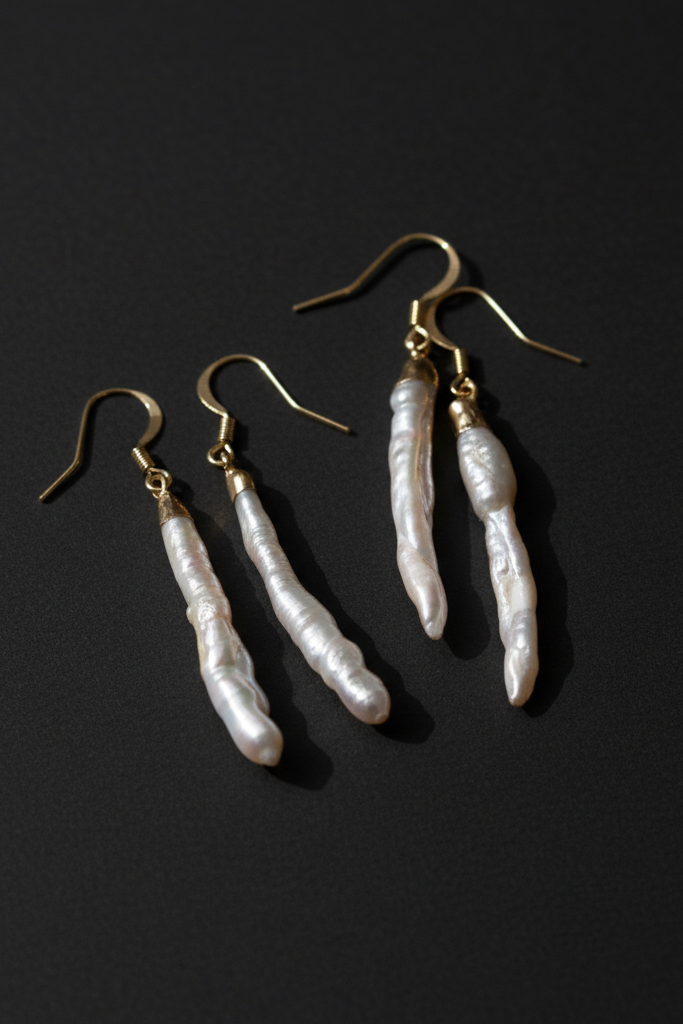 Long Biwa Pearl Dangle Earrings (1E46)