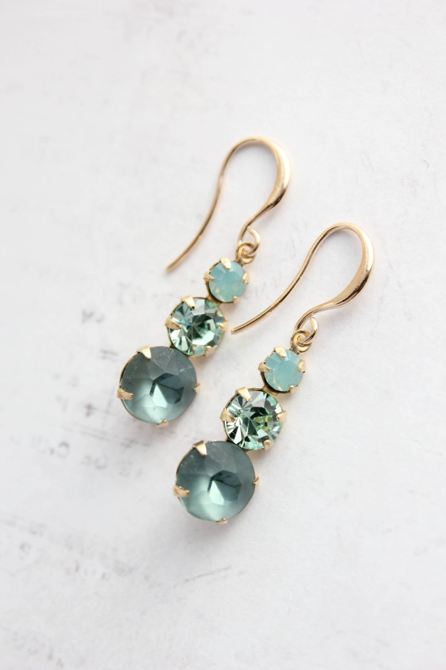 Vintage Glass Earrings - Three Jewel Peacock Green and Blue