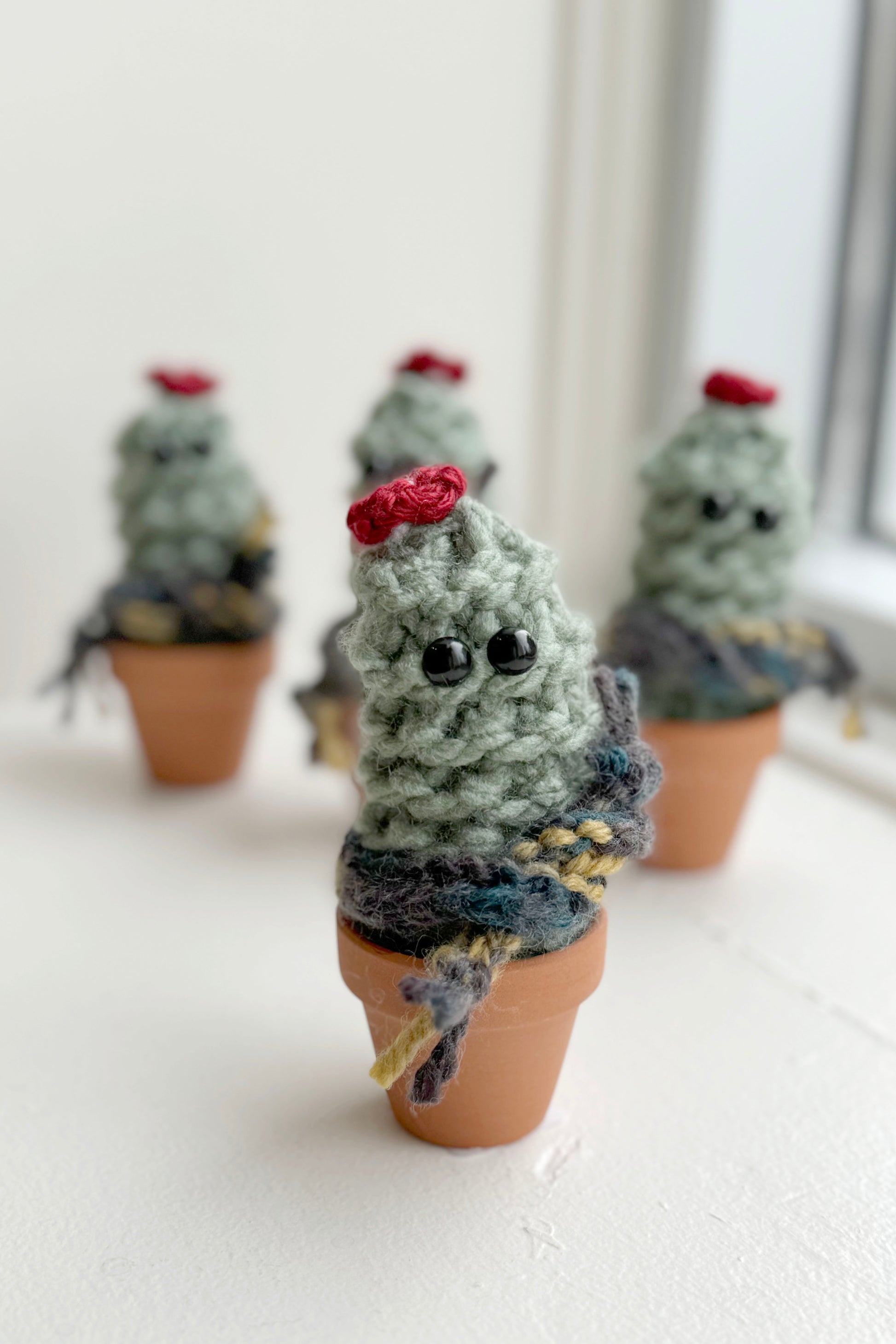 Knitted Winter Cacti by Curl Country, with scarves and set in terracotta pots, are shown in front of a white background. 
