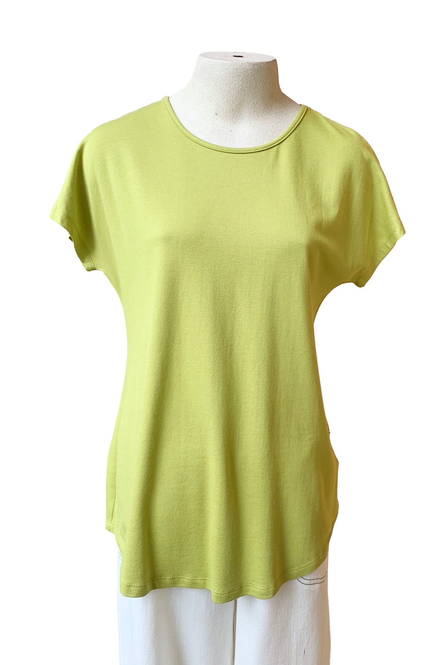 Callie Top by Pure Essence, Lime, round neck, short extended sleeves, loose yet shaped fit, sizes XS to XXL, made in Canada