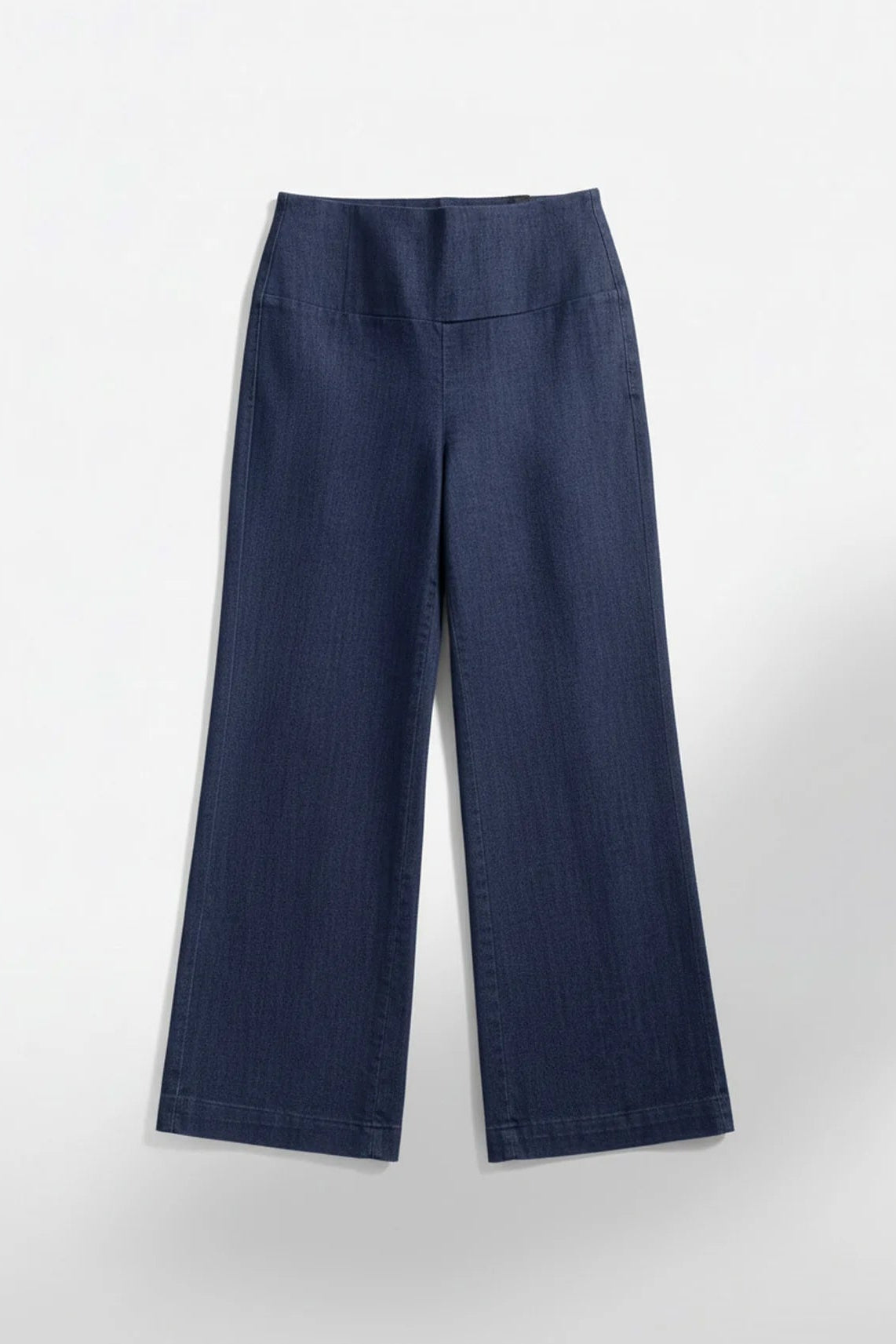 The Catherine Denim Pants by Message Factory, with a smooth pull-on waistband, wide legs, and pockets, are shown against a white background. 