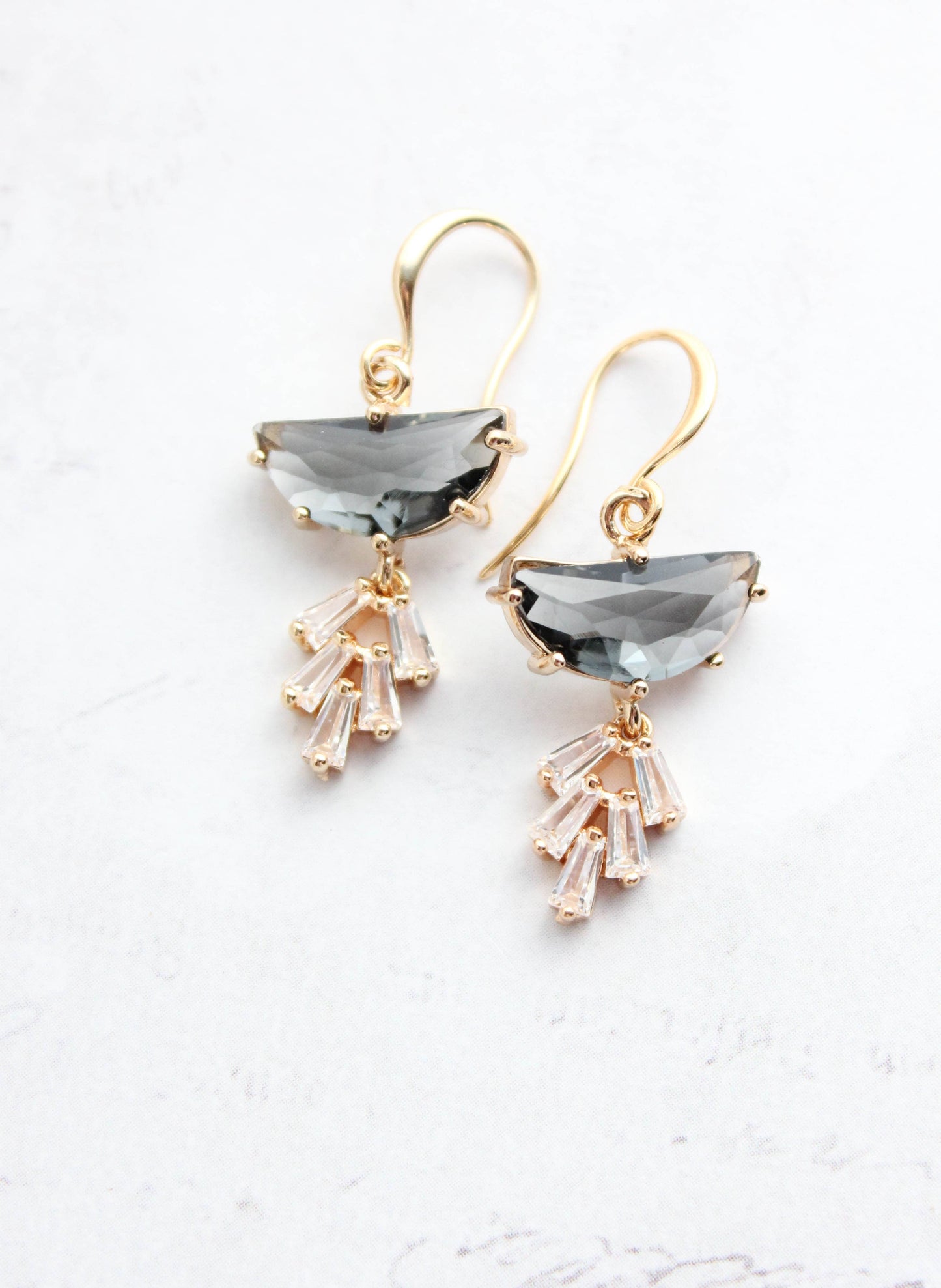 Art Deco Earrings | Half Moon Jewel with Sparkling Leaf Drop