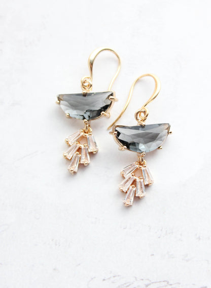 Art Deco Earrings | Half Moon Jewel with Sparkling Leaf Drop