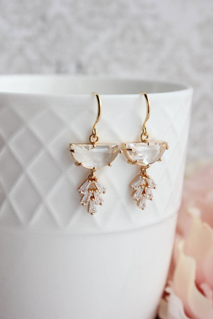 Art Deco Earrings | Half Moon Jewel with Sparkling Leaf Drop