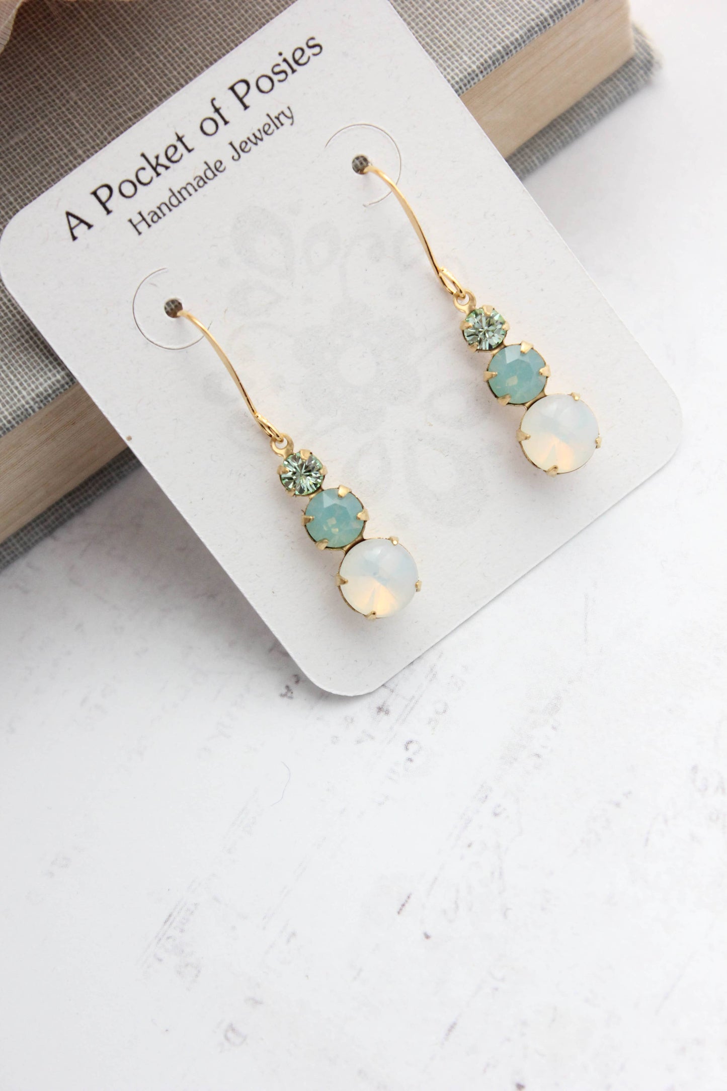 Vintage Glass Earrings - Three Jewel Aqua and Opal Glass