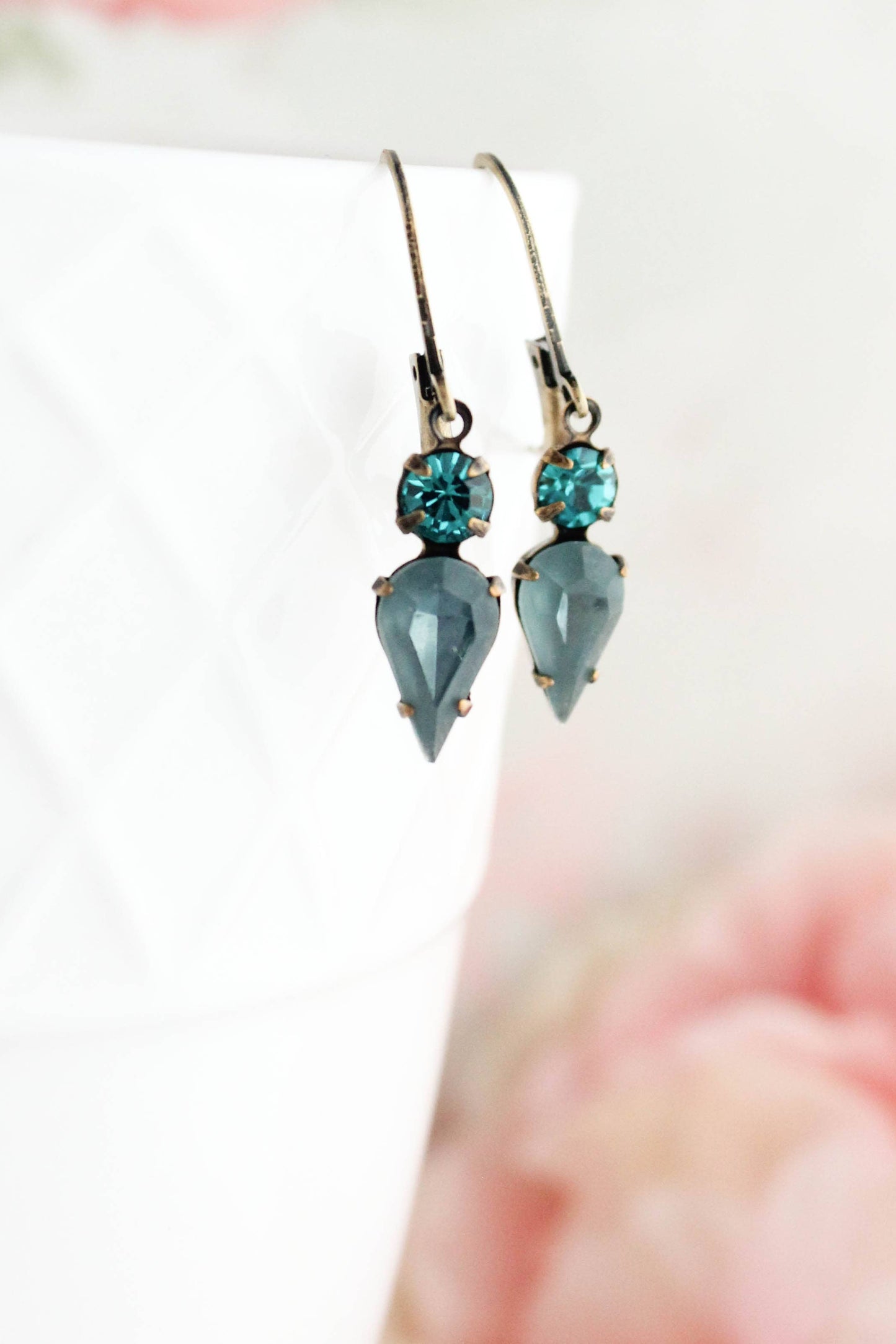 Tiny Vintage Glass Drop Earrings | Peacock Blue