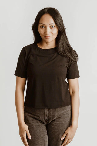 Cropped Shoreline Tee by Blondie, Black, fitted tee, crew neck, bamboo rayon, sizes XS to XL, made in Toronto