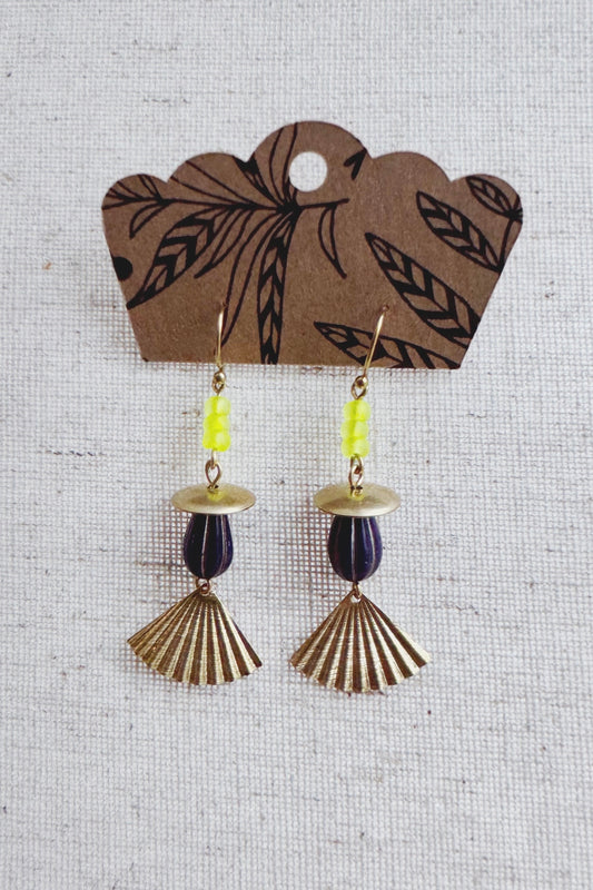 Beaded Czech Glass Earrings - Neon Yellow/Purple Teardrop