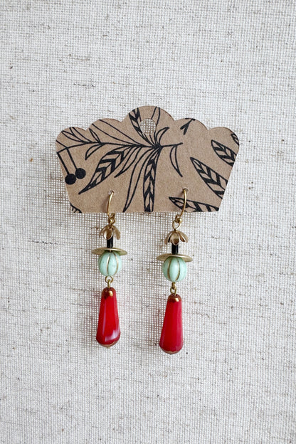 Beaded Czech Glass Earrings - Mint Melon/ Red Teardrop
