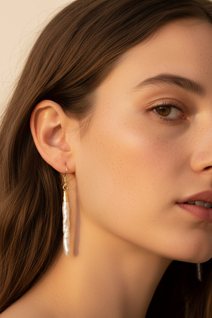 Long Biwa Pearl Dangle Earrings (1E46)