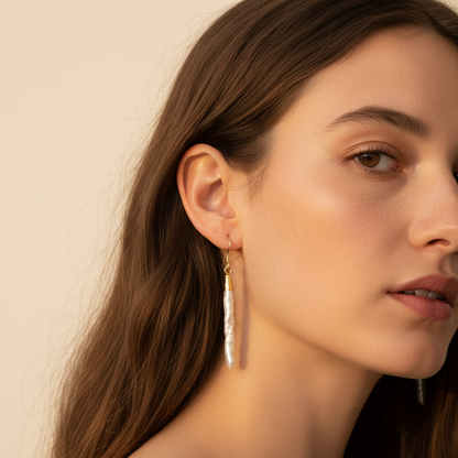 Long Biwa Pearl Dangle Earrings (1E46)