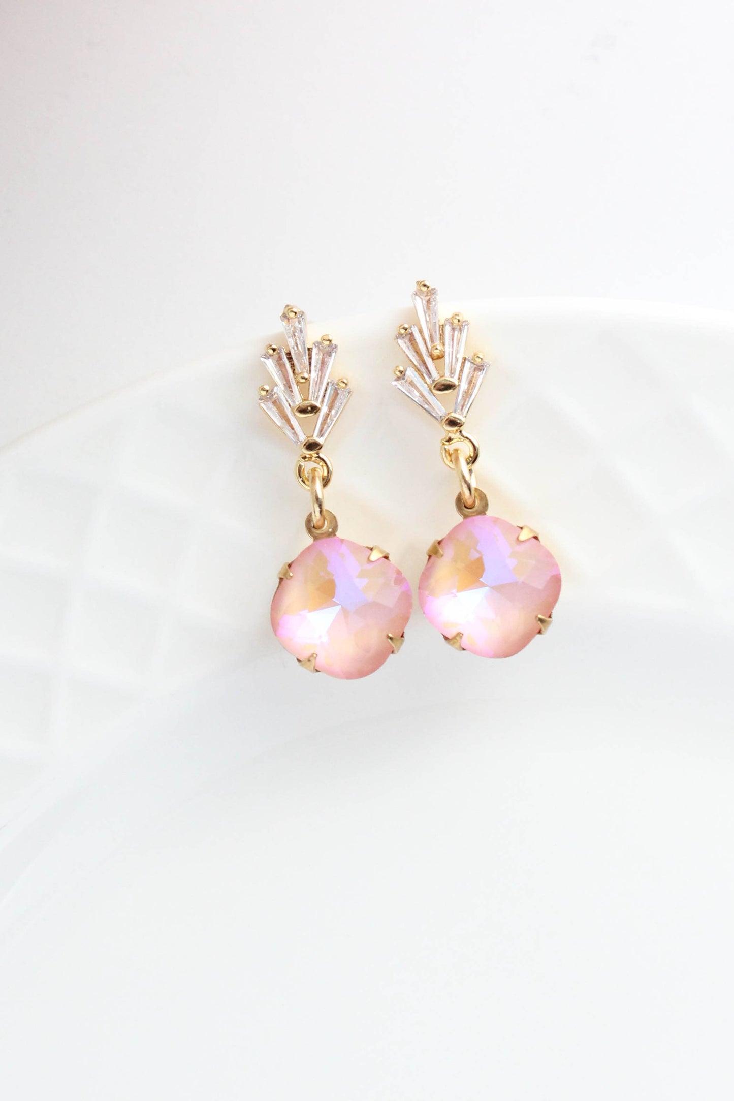 Art Deco Glass Leaf Post Earrings | Pastel Pink Glass Jewel
