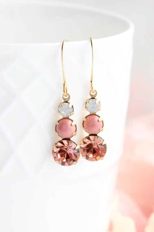 Vintage Glass Earrings - Three Jewel Coral Peach and Opal