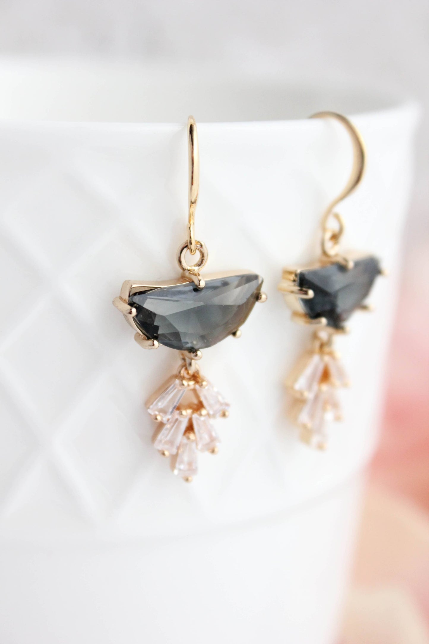 Art Deco Earrings | Half Moon Jewel with Sparkling Leaf Drop