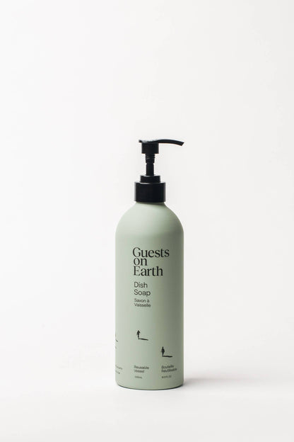 Guests on Earth Dish Soap in a matte sage green bottle with a black pump dispenser, set against a clean white background.