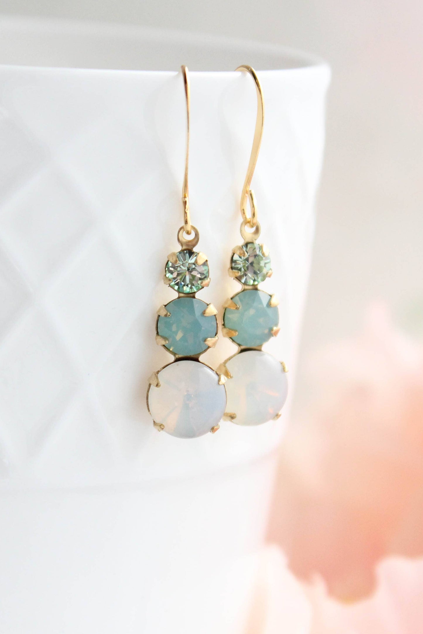 Vintage Glass Earrings - Three Jewel Aqua and Opal Glass