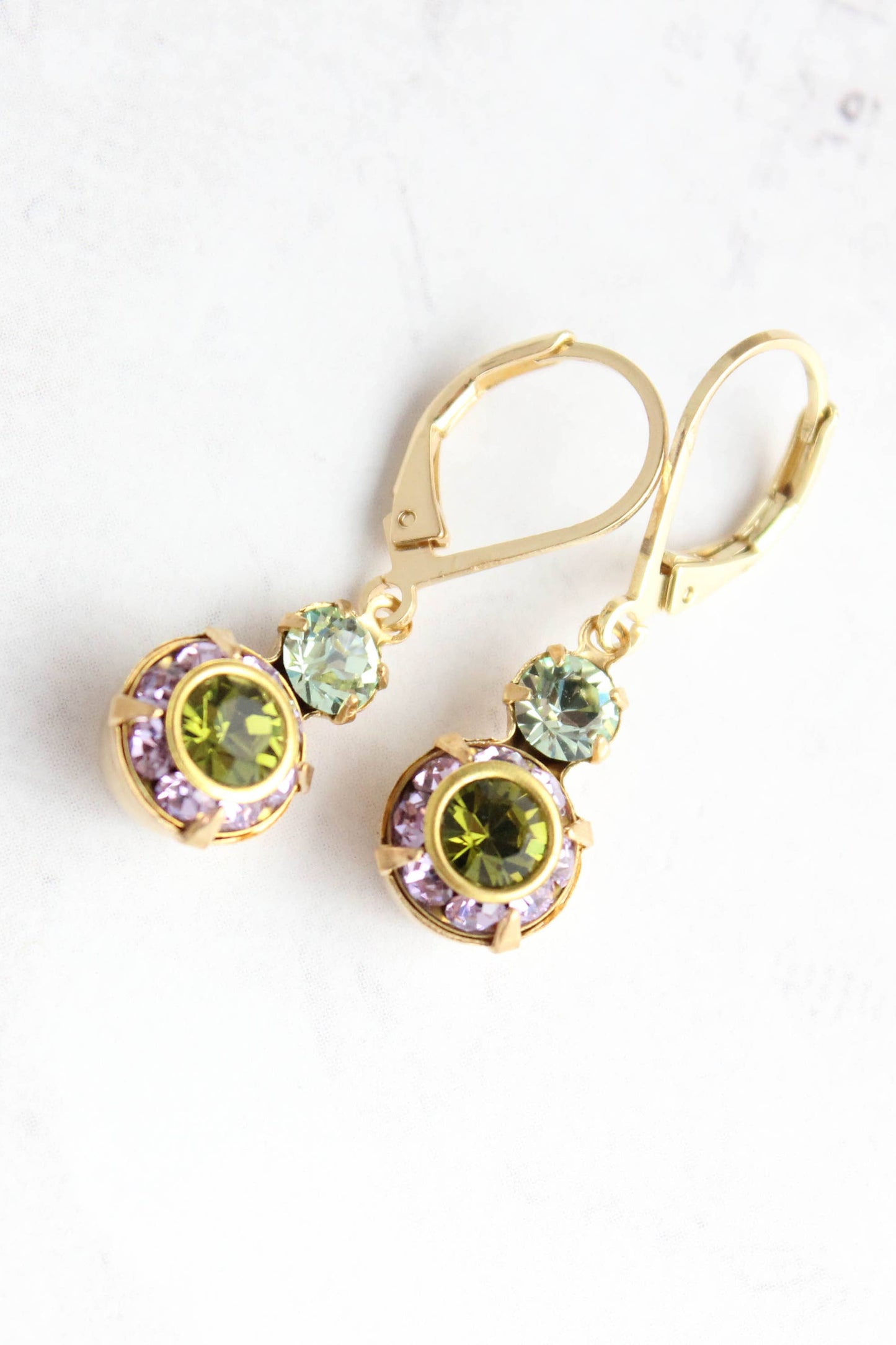 Small Glass Drop Earrings | Violet Purple and Olivine Green