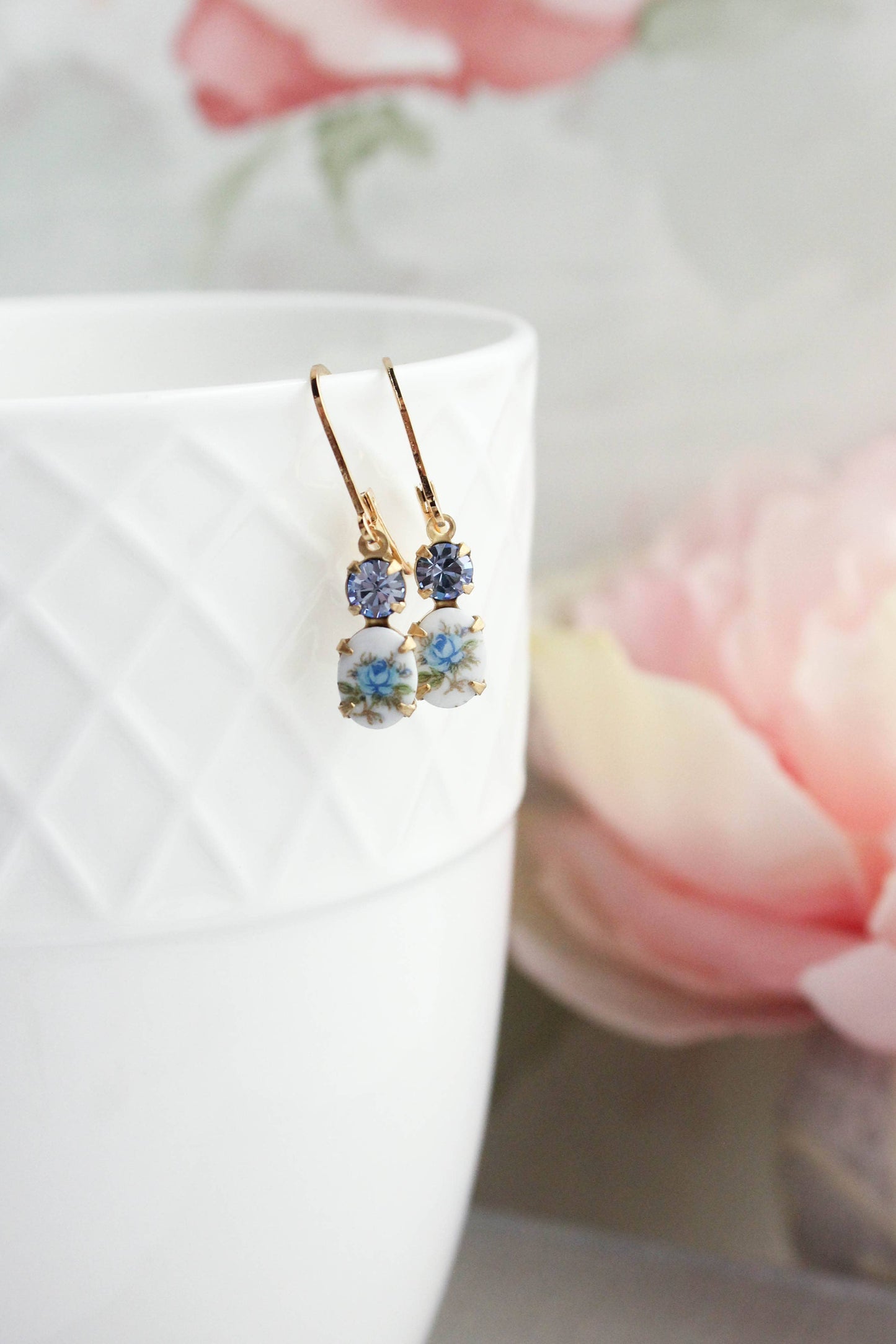 Little Blue Rose Cameo Earrings | Vintage Glass