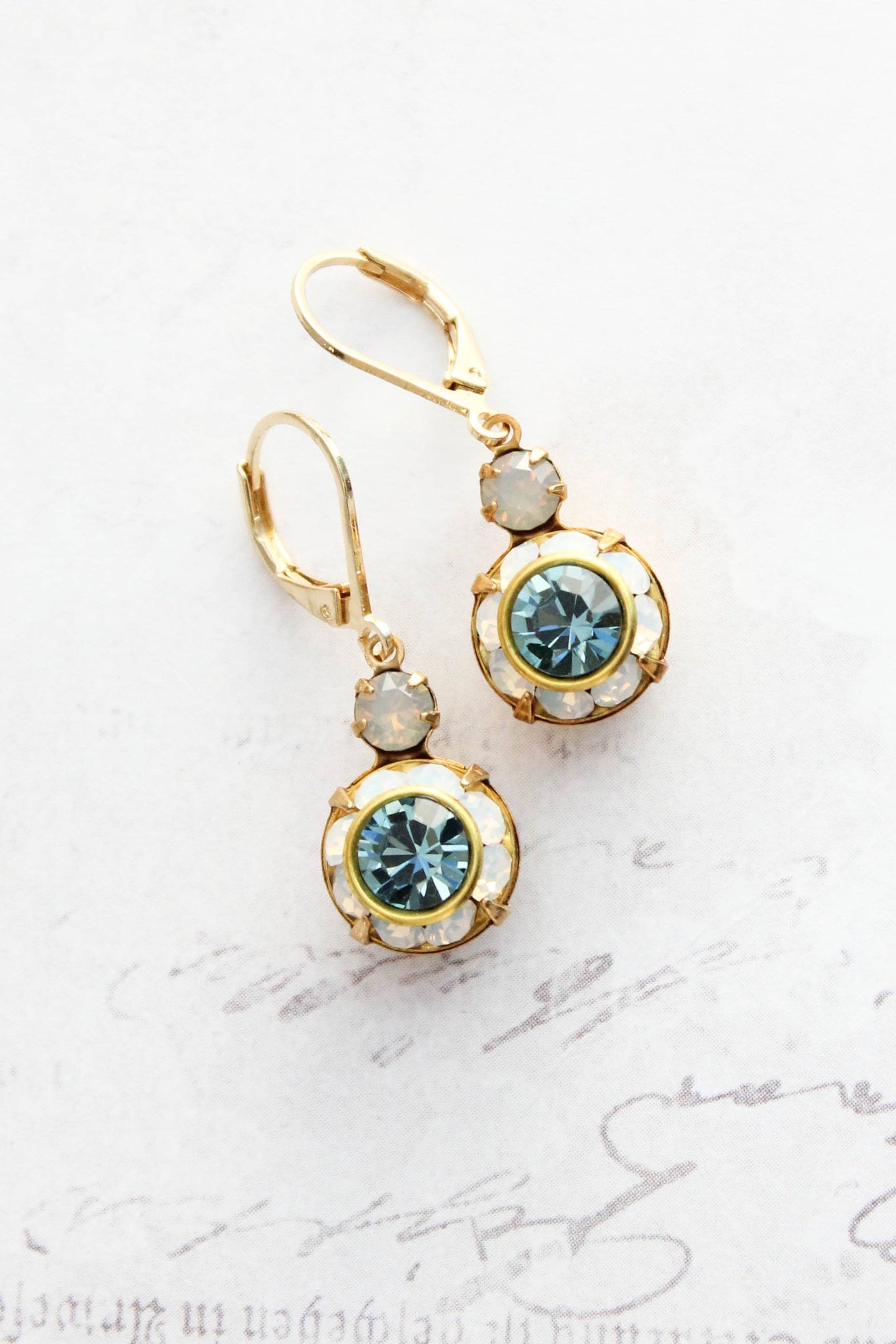 Art Deco Floral Earrings | White Opal & Dusty Blue Sapphire