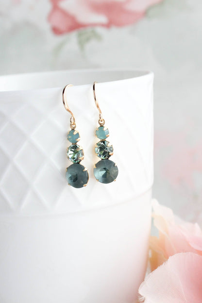 Vintage Glass Earrings - Three Jewel Peacock Green and Blue