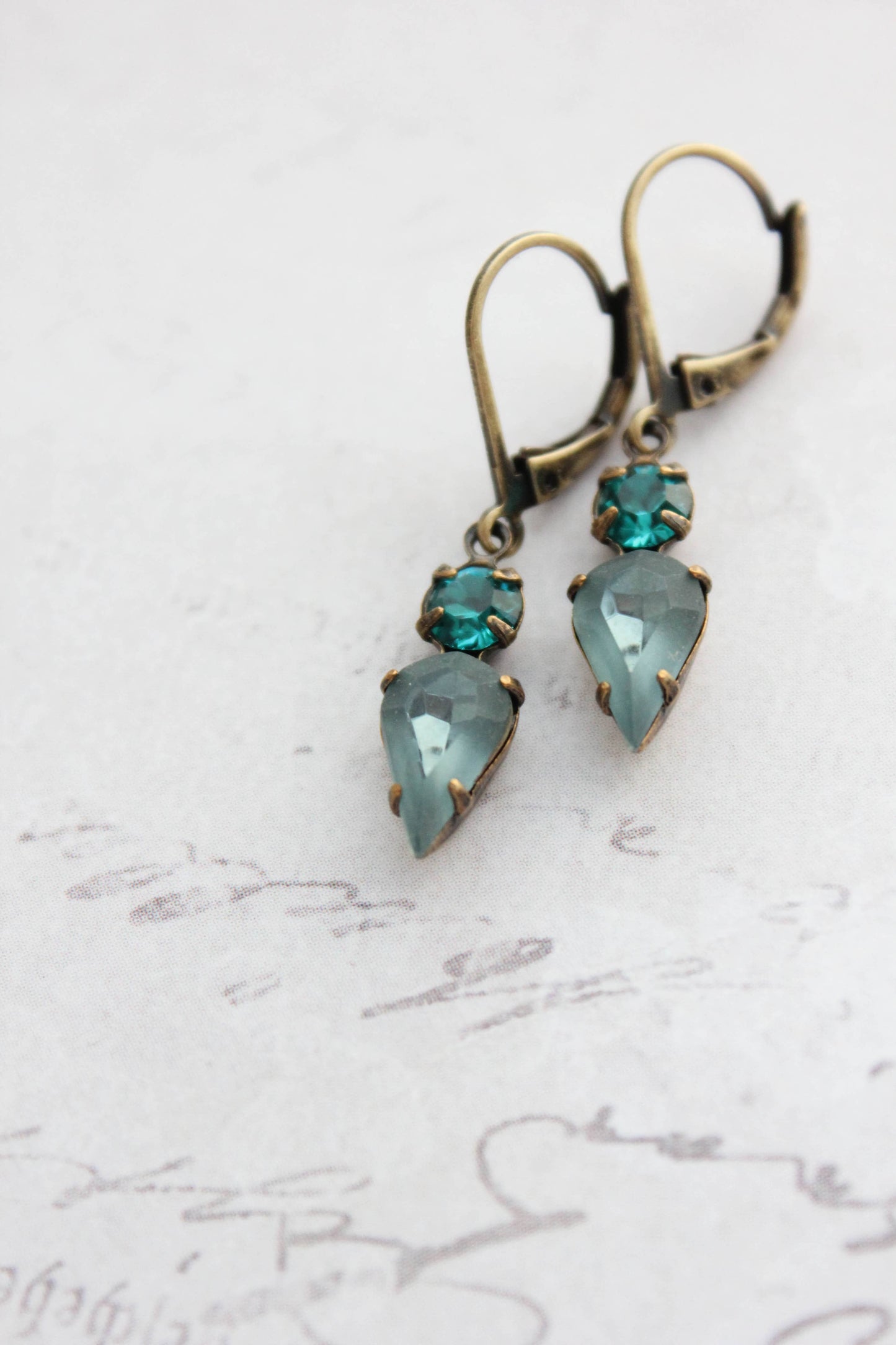 Tiny Vintage Glass Drop Earrings | Peacock Blue