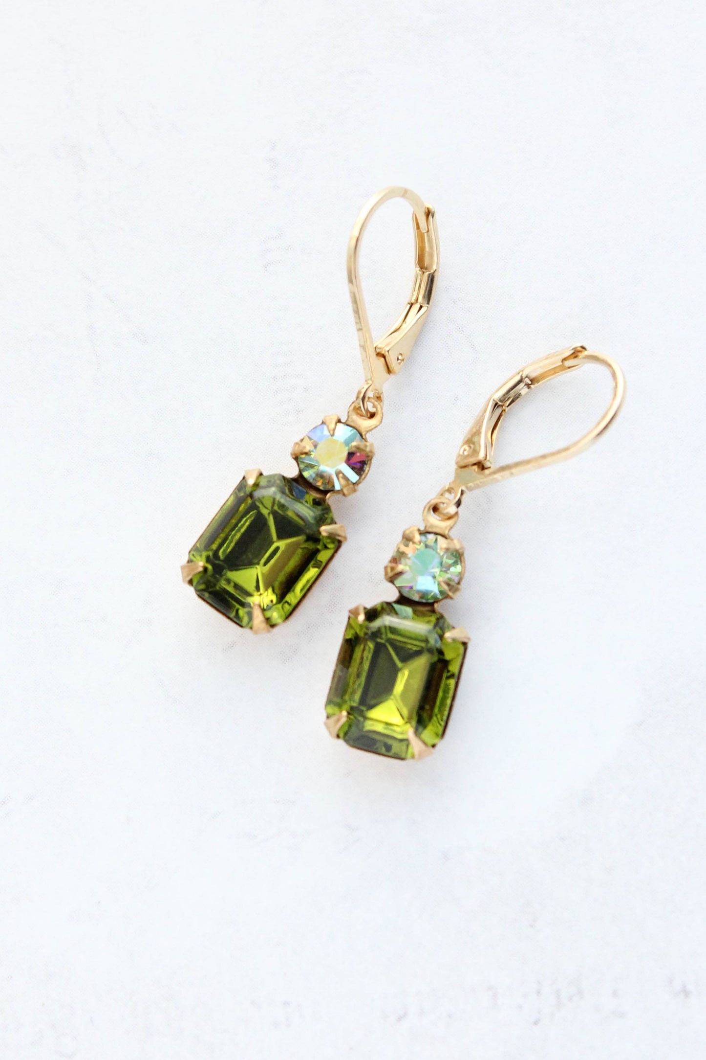 Small Drop Earrings | Olivine Green Glass and Gold Drops