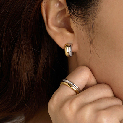 Puffy Double Hoop Earring- steel Gold Huggie 