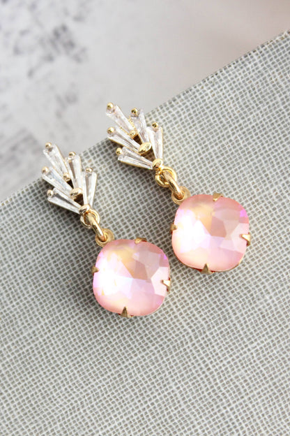 Art Deco Glass Leaf Post Earrings | Pastel Pink Glass Jewel