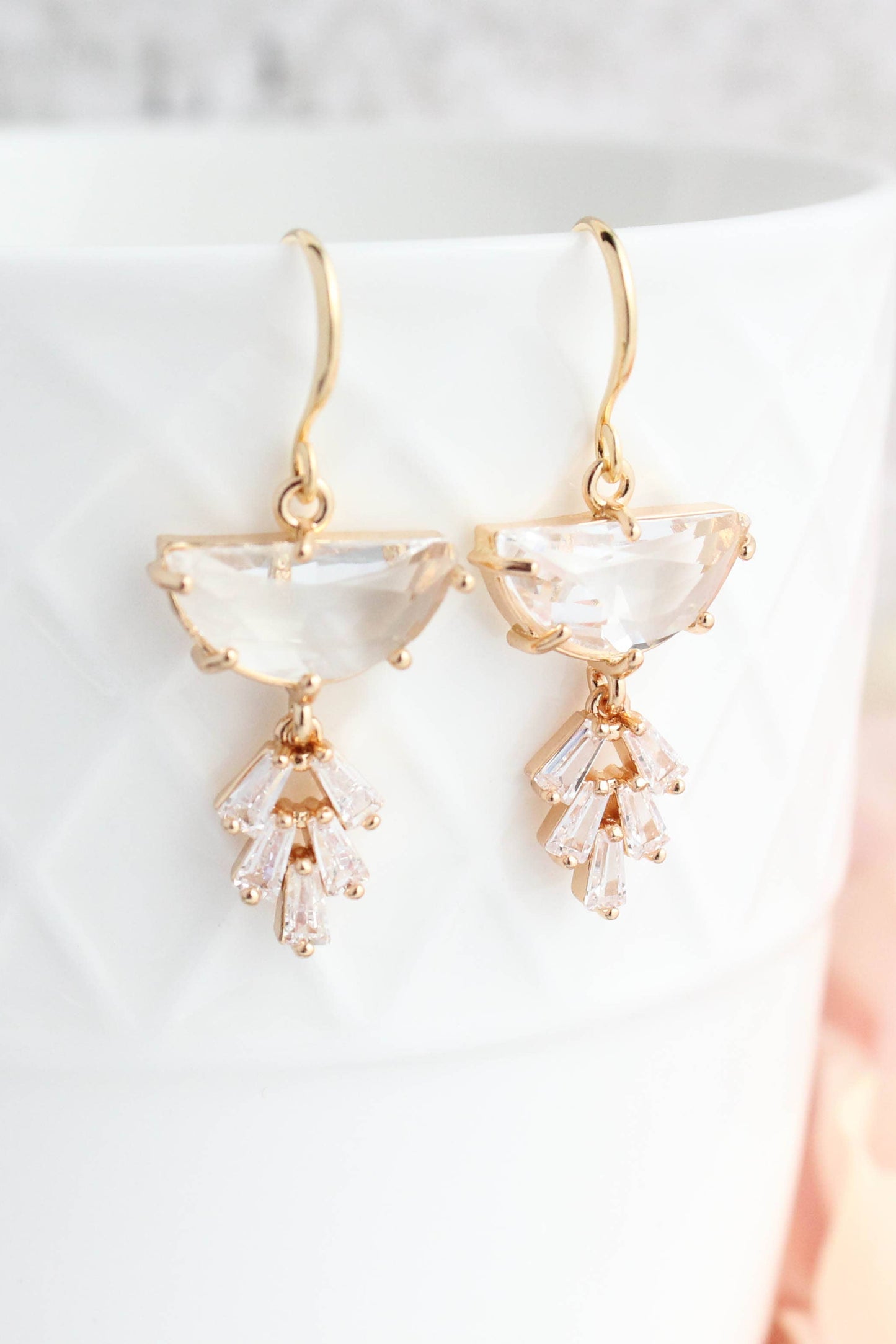 Art Deco Earrings | Half Moon Jewel with Sparkling Leaf Drop