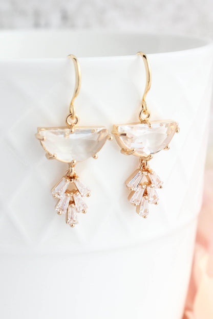 Art Deco Earrings | Half Moon Jewel with Sparkling Leaf Drop