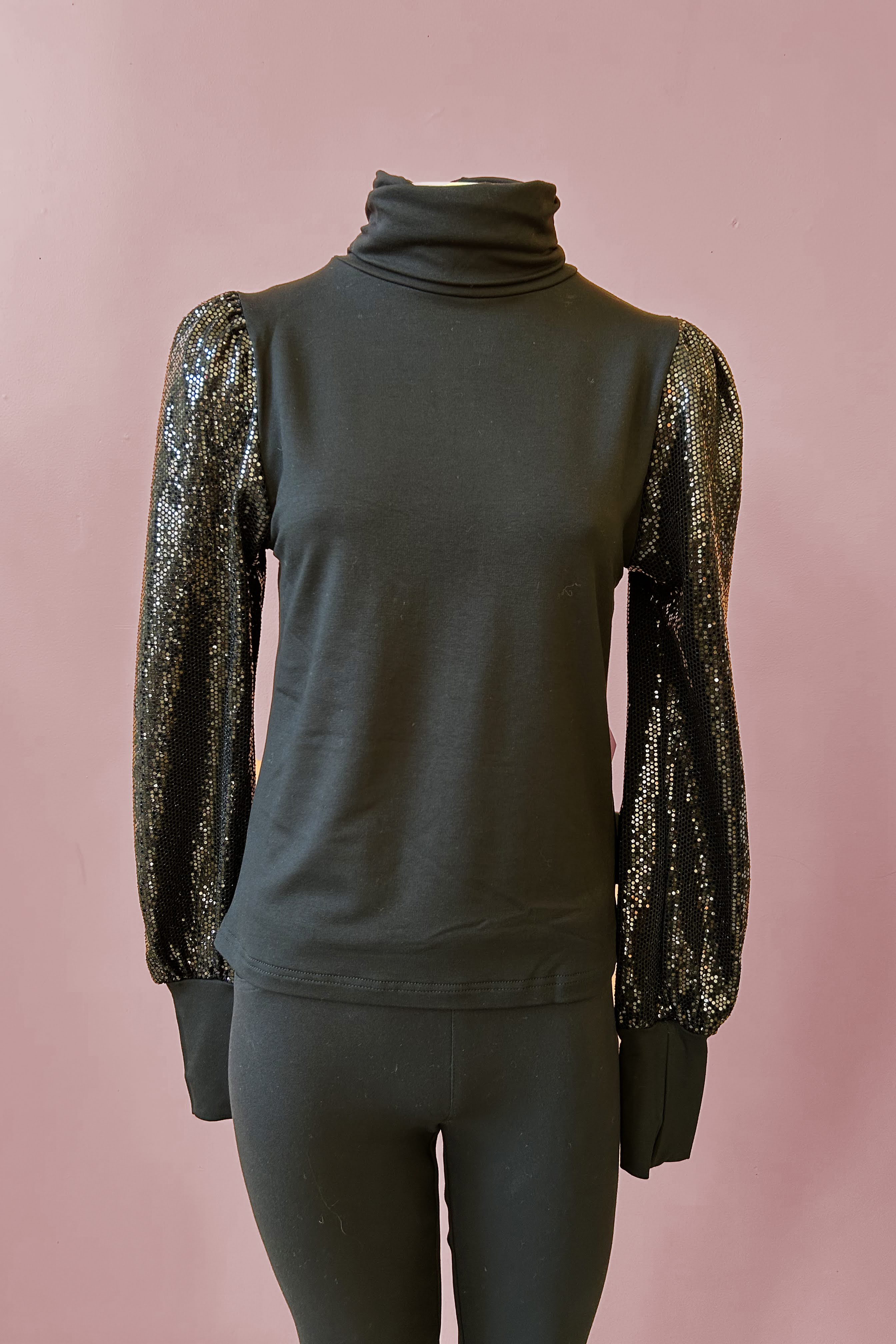 Turtleneck Top by Misstery, Black withBlack Sparkly Sleeves, high neck, puffed sleeves with gathered cuffs, sizes S to XL, made in Toronto 