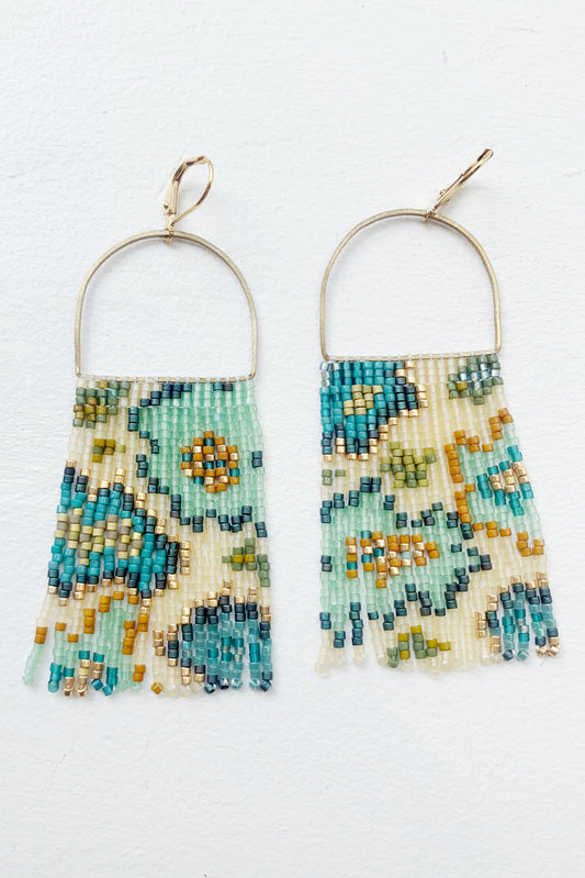 Mint Mustard and Cream Abstract Floral Fringe Earrings