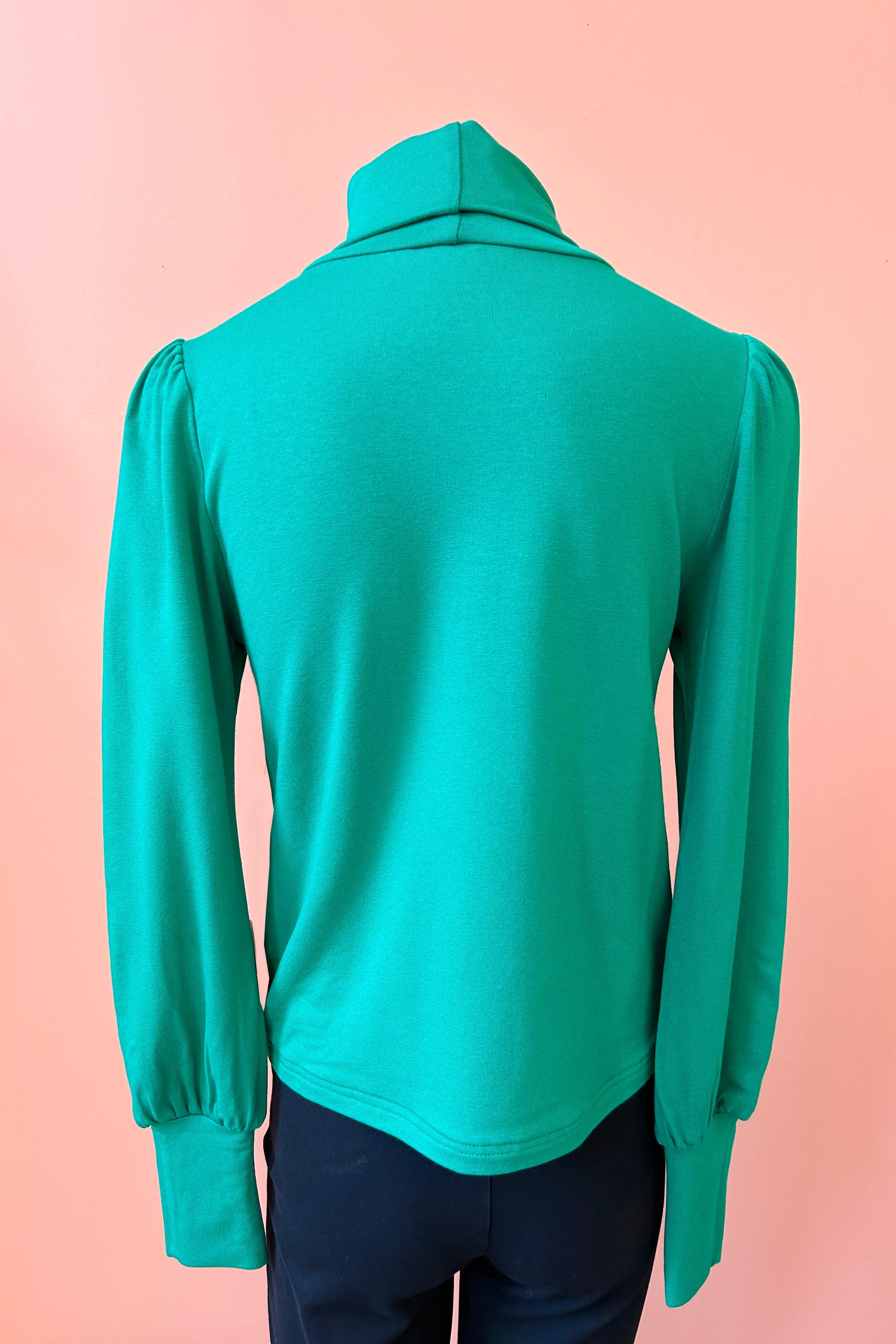 Turtleneck Top by Misstery, Green, back view, high neck, puffed sleeves with gathered cuffs, sizes S to XL, made in Toronto 