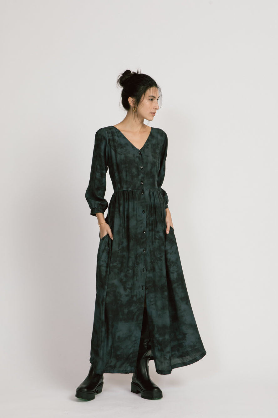 Jezebel Dress by Allison Wonderland, Lagoon, maxi dress, V-neck, button front, gathered sleeves, fitted waist, sizes 2-12, made in Vancouver
